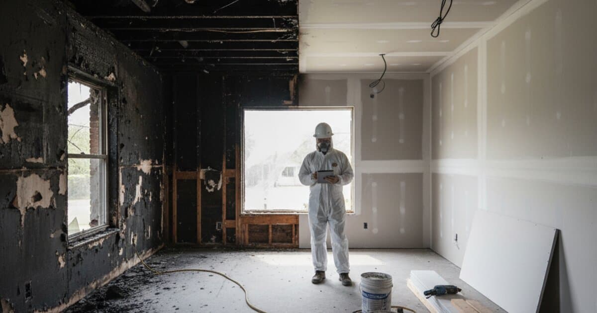 Fire damage restoration team assessing and cleaning a Florida home after a house fire