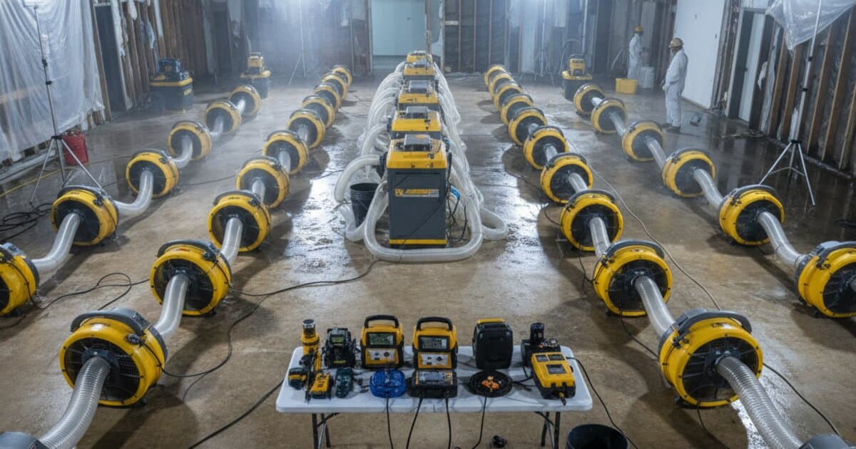 Industrial dehumidifiers and air movers drying a water-damaged room in Central Florida
