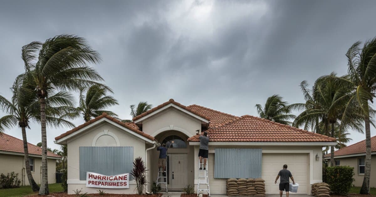 Central Florida home prepared for hurricane season with storm shutters and secured property