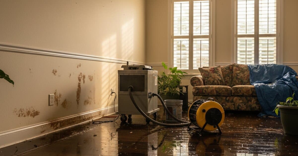 Water damage restoration in a Central Florida home showing professional water extraction equipment