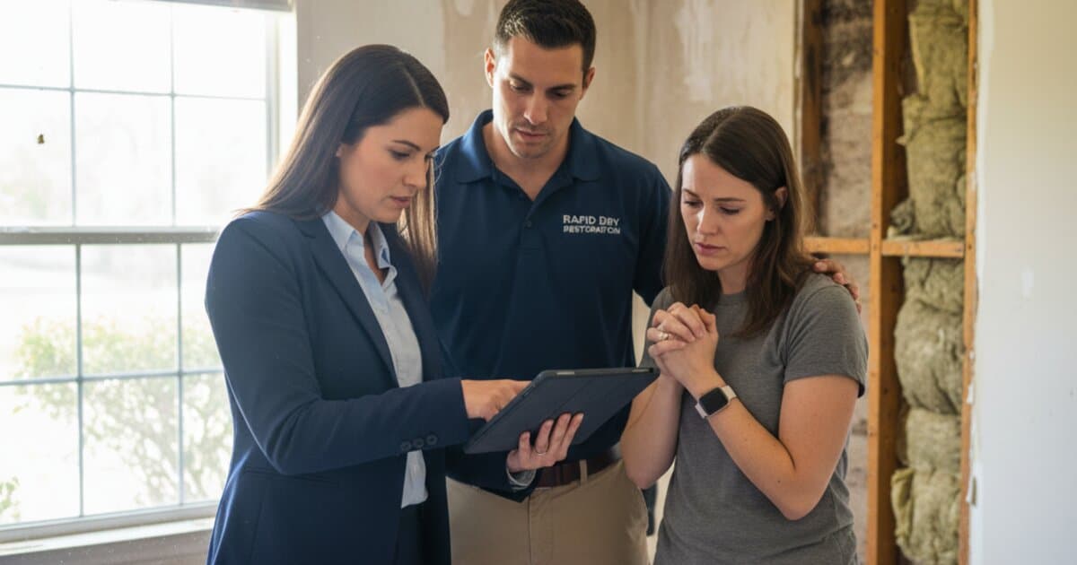 Insurance adjuster and restoration professional documenting property damage for a Florida insurance claim